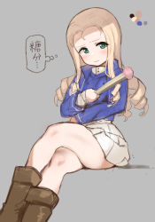 Rule 34 | 1girl, atte nanakusa, bc freedom military uniform, blonde hair, blue jacket, blush, boots, brown footwear, closed mouth, color guide, crossed legs, drill hair, drill sidelocks, girls und panzer, green eyes, grey background, highres, holding, jacket, looking at viewer, marie (girls und panzer), sidelocks, simple background, sitting, skirt, solo, twin drills, white skirt