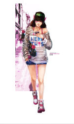 Rule 34 | 1girl, absurdres, alternate facial mark, artist name, black hair, black hat, blue shorts, brown hair, casual, catchphrase, character name, closed mouth, clothes writing, commentary, d.va (overwatch), denim, denim shorts, english text, expressive clothes, facial mark, fashion, fingernails, full body, hand in pocket, hat, headset, highres, holding, holding phone, lips, long hair, looking at phone, looking down, monori rogue, nail polish, off-shoulder shirt, off shoulder, overwatch, overwatch 1, phone, pink nails, shirt, shoes, short shorts, shorts, skateboard, sneakers, solo, standing, striped clothes, striped shirt, tank top, text focus, thighs, white shirt, window