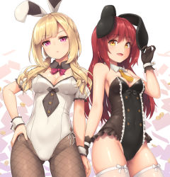 Rule 34 | 2girls, animal ears, arm at side, bare shoulders, black gloves, black legwear, blonde hair, bow, bow legwear, bowtie, breasts, buttons, cleavage, commentary request, covered navel, cowboy shot, detached collar, expressionless, fake animal ears, fishnet pantyhose, fishnets, gloves, gluteal fold, hair over shoulder, leotard, long hair, looking at viewer, low twintails, medium breasts, multiple girls, necktie, original, pantyhose, pink eyes, playboy bunny, rabbit ears, red bow, red bowtie, red eyes, sasaame, thighhighs, twintails, white legwear, wrist cuffs, yellow eyes, yellow necktie