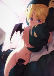 Rule 34 | 1girl, absurdres, animal ears, bat ears, bat wings, bed sheet, blanket, blonde hair, blush, cheek press, closed mouth, commentary request, convenient censoring, covering privates, demon girl, demon tail, demon wings, frown, heart, highres, huge filesize, hukahito, looking at viewer, lying, navel, nude, hugging object, on side, original, pillow, pillow hug, pink eyes, purple eyes, solo, stomach, sunlight, tail, wings