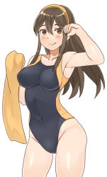 Rule 34 | 10s, 1girl, arm up, armpits, bad id, bad pixiv id, blush, breasts, brown eyes, brown hair, collarbone, competition swimsuit, covered navel, hairband, haruna (kancolle), impossible clothes, kantai collection, long hair, looking at viewer, medium breasts, mo-fu, one-piece swimsuit, smile, solo, swimsuit, towel