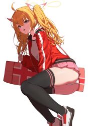 Rule 34 | 1girl, absurdres, black thighhighs, blonde hair, blue archive, blush, dasi (kwts3227), halo, highres, holding, jacket, looking at viewer, neckerchief, open mouth, panties, pantyshot, pink bag, pink neckerchief, pink skirt, red jacket, ribbon, school uniform, serafuku, shoes, simple background, skirt, sneakers, solo, thighhighs, track jacket, twintails, underwear, white panties, white ribbon, yellow eyes, yoshimi (blue archive)