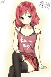 Rule 34 | 10s, 1girl, bare shoulders, black thighhighs, blush, breasts, cleavage, clothes writing, crossed legs, english text, fuck-me shirt, hand on own knee, highres, looking at viewer, love live!, love live! school idol project, medium breasts, meme attire, nishikino maki, off shoulder, plaid, plaid skirt, pleated skirt, profanity, purple eyes, red hair, short hair, sitting, skirt, sky-freedom, smile, solo, strap slip, thighhighs, zettai ryouiki