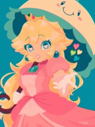 Rule 34 | 1girl, artist name, blonde hair, blue background, blue eyes, blue gemstone, blue umbrella, blush stickers, breasts, brooch, chromatic aberration, crown, dress, earrings, elbow gloves, eyelashes, gem, gloves, hand up, heart, heart-shaped pupils, highres, holding, holding umbrella, jewelry, lips, long hair, looking at viewer, mario (series), medium breasts, nintendo, open hand, over shoulder, parasol, parted lips, perry (mario), pink dress, pink gloves, pink lips, princess, princess peach, puffy short sleeves, puffy sleeves, reaching, reaching towards viewer, short sleeves, simple background, smile, super princess peach, symbol-shaped pupils, thick lips, umbrella, visodette, white gloves, yellow umbrella