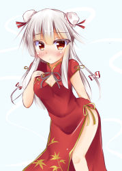 Rule 34 | 1girl, absurdres, alternate costume, alternate hairstyle, arm behind back, blue background, blush, breasts, china dress, chinese clothes, cleavage, cleavage cutout, clothing cutout, double bun, dress, frown, fujiwara no mokou, hair bun, hair ribbon, hand on own chest, highres, kuzumomo, long hair, looking at viewer, red eyes, ribbon, sidelocks, simple background, solo, touhou, tress ribbon