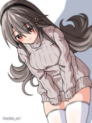 Rule 34 | 1girl, alternate costume, black hair, black hairband, commentary request, from above, grey sweater, hair ornament, hairband, hairclip, haruna (kancolle), highres, kantai collection, long hair, looking at viewer, one-hour drawing challenge, red eyes, ribbed sweater, senkan eshi, simple background, sitting, smile, solo, sweater, thighhighs, white background, white thighhighs