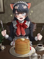 Rule 34 | 1girl, :d, animal ears, apron, australian devil (kemono friends), black hair, blush, breasts, brown eyes, butter, commentary, cup, deku suke, excited, extra ears, eyepatch, flipped hair, food, fork, frills, fruit, heart, heart-shaped pupils, highres, holding, holding fork, holding knife, indoors, japari symbol, kemono friends, knife, long hair, long sleeves, maid, maid headdress, medical eyepatch, medium breasts, one eye covered, open mouth, pancake, pancake stack, plate, smile, solo, sparkle, spoon, steam, straight-on, strawberry, symbol-shaped pupils, tasmanian devil ears, teacup, waist apron