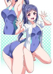 Rule 34 | 1girl, armpits, arms up, ass, bare legs, barefoot, blouse, blue hair, blush, collarbone, competition swimsuit, halftone, high ponytail, highres, kneeling, long hair, looking at viewer, love live!, love live! school idol festival, love live! sunshine!!, matsuura kanan, multiple views, nail polish, one-piece swimsuit, open clothes, open shirt, ponytail, purple eyes, shirt, smile, swimsuit, tight clothes, white shirt, yopparai oni