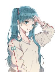 Rule 34 | 1girl, blue eyes, blue hair, commentary request, hagimorijia, hand up, hatsune miku, highres, long hair, long sleeves, parted lips, shirt, simple background, solo, sweat, twintails, upper body, vocaloid, white background, white shirt, wiping forehead