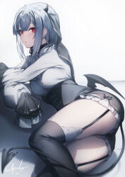 Rule 34 | 1girl, ascot, black shorts, black thighhighs, breasts, closed mouth, dot mouth, frilled cuffs, frilled shorts, frills, garter straps, genyaky, grey hair, hakase fuyuki, high-waist shorts, horns, low wings, lying, medium breasts, nijisanji, on side, red eyes, shirt, shorts, solo, tail, thighhighs, white ascot, white shirt, wings