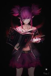 Rule 34 | 1girl, arknights, artist name, bare shoulders, belt, black background, black belt, black shirt, book, collarbone, commentary request, cowboy shot, dagger, eyepatch, highres, holding, holding book, horns, jewelry, jianqiye, knife, lava (arknights), looking at viewer, miniskirt, necklace, off-shoulder shirt, off shoulder, pointy ears, purple eyes, purple hair, purple skirt, shirt, short hair, sidelocks, signature, simple background, skirt, solo, standing, stomach, twintails, weapon