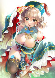Rule 34 | 1girl, bare shoulders, beads, blush, breasts, brown thighhighs, china dress, chinese clothes, chinese knot, cleavage, clothing cutout, detached sleeves, dress, frilled sleeves, frills, green dress, green eyes, hair between eyes, hair bun, hat, highres, jiangshi, large breasts, light brown hair, long sleeves, looking at viewer, nail polish, natalia luzu kimlasca lanvaldear (beloved princess), ofuda, parted lips, pelvic curtain, qingdai guanmao, red nails, short hair, shuragyoku mami, side slit, sidelocks, sleeves past fingers, sleeves past wrists, smile, solo, tales of (series), tales of the abyss, tassel, thighhighs, tongue, tongue out, wide sleeves