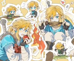 Rule 34 | !, 1boy, ?, absurdres, apple, belt, belt bag, black gloves, blonde hair, blue eyes, blue tunic, blush stickers, boots, brown bag, brown belt, campfire, chest belt, chibi, chinese commentary, collarbone, commentary request, cooking pot, crossed belts, earrings, eating, feet out of frame, fingerless gloves, fingernails, fish (food), flying sweatdrops, food, from behind, fruit, full body, gloves, grass, grey footwear, heart, highres, holding, holding food, holding fruit, holding skewer, holding sword, holding weapon, hoop earrings, jewelry, knee boots, light blush, link, log, long sleeves, male focus, motion lines, multiple belts, multiple views, nintendo, open mouth, outline, pants, pointy ears, running, shirt, short hair, short ponytail, shout lines, skewer, smoke, spoken heart, spoken question mark, steam, sweatdrop, sword, teeth, the legend of zelda, the legend of zelda: breath of the wild, thick eyebrows, upper body, weapon, weapon on back, white outline, white pants, white shirt, white sleeves, yellow background, ziyizhengjun