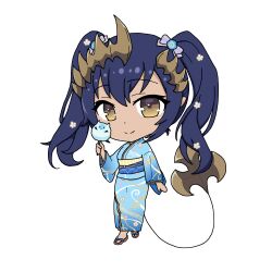 Rule 34 | 1girl, absurdres, alternate costume, blue hair, blue kimono, bow, brown eyes, chibi, closed mouth, commentary request, cotton candy, dark blue hair, demon girl, demon horns, demon tail, food, full body, hair bow, highres, holding, holding food, horns, japanese clothes, kimono, long hair, long sleeves, looking at viewer, medium bangs, nanashi inc., obi, purple bow, sandals, sash, shimamura charlotte, simple background, smile, solo, split mouth, standing, tail, tan, tukiyorino, twintails, virtual youtuber, white background, wide sleeves, zouri