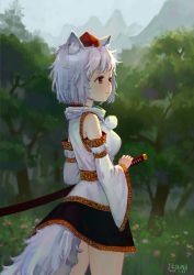 Rule 34 | absurdres, animal ears, detached sleeves, flower, forest, grass, hat, highres, inubashiri momiji, k izumi (1zumi), messy hair, mountain, nature, outdoors, pom pom (clothes), red eyes, scenery, short hair, signature, sky, sword, tail, tokin hat, touhou, tree, weapon, white hair, wolf ears, wolf tail