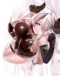 Rule 34 | 10s, 1girl, asymmetrical gloves, bare shoulders, black gloves, blue eyes, bottomless, breasts, draph, fingerless gloves, gloves, granblue fantasy, hair ornament, hair over one eye, heart, heart-shaped pupils, horns, large breasts, light purple hair, long hair, looking at viewer, lying, narmaya (granblue fantasy), no panties, on back, on bed, parted lips, pointy ears, pussy juice, razu (rus), shiny skin, signature, smile, solo, symbol-shaped pupils, uneven gloves