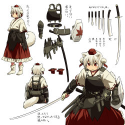 Rule 34 | 1girl, angry, animal ears, armor, belt, chisel, commentary request, geta, hat, highres, inubashiri momiji, japanese armor, japanese clothes, katana, knife, kote, multiple views, pom pom (clothes), red eyes, sheath, sheathed, shield, short hair, sword, tabi, tail, tengu-geta, tokin hat, touhou, translation request, weapon, white hair, wide sleeves, wolf ears, wolf tail, yudepii