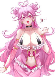 Rule 34 | 1girl, asmodeus amaryllis, blush, breasts, cleavage, commentary request, earrings, eyelashes, happy, highres, jewelry, kagachi 118, large breasts, long hair, looking at viewer, mairimashita! iruma-kun, navel, pink eyes, pink hair, pointy ears, signature, simple background, smile, solo, standing, white background