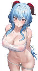 Rule 34 | 1girl, absurdres, ai-assisted, bad id, bad pixiv id, bikini, bikini bottom pull, blue hair, blush, breasts, cleavage, collarbone, commentary request, covered erect nipples, ganyu (genshin impact), genshin impact, gluteal fold, goat horns, groin, hair between eyes, highres, horns, large breasts, looking at viewer, navel, parted lips, purple eyes, pussy juice, see-through, solo, sports bikini, swimsuit, uwy (mon0ay), wet, white background, white bikini