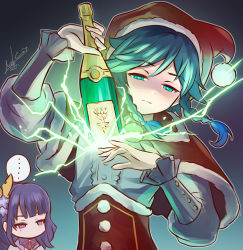 Rule 34 | ..., 1boy, 1girl, alternate costume, aqua background, aqua eyes, aqua hair, artist name, blue hair, bottle, bottle out of chest, capelet, chibi, chibi inset, christmas, commentary request, drawing bottle, electricity, flower, frilled sleeves, frills, fur-trimmed headwear, fur trim, genshin impact, gradient background, gradient hair, grey background, hair ornament, hat, holding, holding bottle, human scabbard, japanese clothes, kimono, long sleeves, looking at another, looking at viewer, multicolored hair, narrowed eyes, nekobayashi, no mouth, parody, purple flower, purple kimono, raiden shogun, red capelet, santa costume, santa hat, short hair with long locks, signature, solo focus, spoken ellipsis, unamused, venti (genshin impact), wine bottle