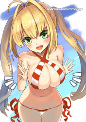 Rule 34 | 1girl, :d, ^^^, ahoge, bare arms, bare shoulders, bikini, blonde hair, blush, breasts, breasts squeezed together, cleavage, collarbone, cowboy shot, criss-cross halter, fate/grand order, fate (series), green eyes, hair intakes, halterneck, hm (hmongt), large breasts, long hair, navel, nero claudius (fate), nero claudius (fate) (all), nero claudius (swimsuit caster) (fate), open mouth, red bikini, red ribbon, ribbon, side-tie bikini bottom, smile, solo, standing, stomach, striped bikini, striped clothes, swimsuit, thigh gap, twintails, watermark, web address