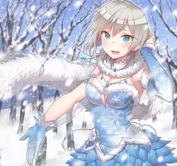 Rule 34 | 10s, 1girl, :d, anastasia (idolmaster), bad id, bad pixiv id, bare tree, blue eyes, breasts, cleavage, g.t, gloves, idolmaster, idolmaster cinderella girls, md5 mismatch, open mouth, scarf, short hair, silver hair, smile, snow, snowflake print, solo, tree