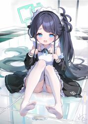 Rule 34 | 1girl, absurdres, aqua halo, aris (blue archive), aris (maid) (blue archive), black hair, blue archive, blue eyes, blush, feet, halo, highres, long hair, looking at viewer, maid, open mouth, panties, pantyshot, ponytail, puddle, rectangular halo, see-through, see-through legwear, soles, thighhighs, toes, underwear, white thighhighs