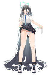 Rule 34 | 1girl, absurdly long hair, aqua nails, aris (blue archive), black hair, black skirt, blue archive, blue eyes, blue necktie, clothes lift, halo, highres, kitasan, lifted by self, long hair, looking at viewer, nail polish, necktie, open mouth, panties, shoes, simple background, skirt, skirt lift, sneakers, solo, standing, teeth, twitter username, underwear, upper teeth only, very long hair, white background, white footwear, white panties