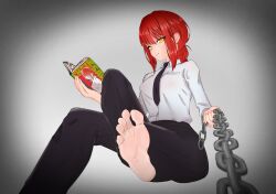 Rule 34 | 1girl, barefoot, chain, chainsaw man, crossed legs, feet, highres, long hair, looking at viewer, makima (chainsaw man), pov, reading, red hair, smile, soles, toes, yellow eyes