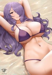 Rule 34 | 1girl, absurdres, alternate costume, armpits, arms behind head, artist name, bikini, breasts, camilla (fire emblem), cleavage, commentary, english commentary, fire emblem, fire emblem fates, grin, hair over one eye, highres, huge breasts, kaos art, lips, long hair, lying, navel, nintendo, one eye covered, pink lips, purple bikini, purple eyes, purple hair, smile, solo, stomach, swimsuit, water, wavy hair, wet