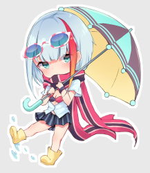 Rule 34 | 1girl, admiral graf spee (azur lane), azur lane, black skirt, black umbrella, blue-framed eyewear, blue umbrella, boots, breasts, chibi, covered mouth, eyebrows hidden by hair, eyewear on head, flower, gradient hair, green eyes, grey background, holding, holding umbrella, looking at viewer, multicolored hair, orange hair, osisio, outline, pleated skirt, red hair, red scarf, rubber boots, scarf, shirt, shoe soles, short sleeves, sidelocks, silver hair, skirt, small breasts, solo, standing, standing on one leg, streaked hair, striped clothes, striped skirt, sunflower, umbrella, vertical-striped clothes, vertical-striped skirt, water, white outline, white shirt, yellow footwear