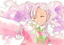 Rule 34 | 1girl, closed eyes, curly hair, dark-skinned female, dark skin, dress, forehead jewel, happy, hinemois, long hair, meredy (tales), open mouth, purple hair, simple background, smile, solo, tales of (series), tales of eternia, twintails, white background