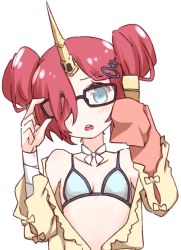 Rule 34 | 1girl, :o, adjusting eyewear, bandages, bespectacled, bikini, blue bikini, blue eyes, blush, collarbone, double bun, fate/grand order, fate (series), frankenstein&#039;s monster (fate), frankenstein&#039;s monster (swimsuit saber) (fate), frankenstein&#039;s monster (swimsuit saber) (first ascension) (fate), glasses, hair bun, hair ornament, hair over one eye, hairclip, horns, i.u.y, james moriarty (archer) (fate), looking at viewer, red hair, simple background, single horn, sleeves past wrists, solo, swimsuit, upper body, white background