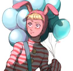 Rule 34 | 1boy, animal ears, animal hat, babibu baby, balloon, blonde hair, buttons, fake animal ears, hat, highres, popee (popee the performer), popee the performer, rabbit hat, striped bodysuit