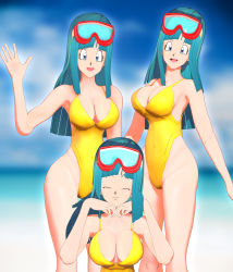 Rule 34 | 3d, 3girls, absurdres, arms up, artist request, beach, blue eyes, blue hair, breasts, cleavage, cowboy shot, curvy, dragon ball, dragonball z, highleg, highleg swimsuit, highres, large breasts, long hair, looking at viewer, maron (dragon ball), matching hair/eyes, multiple girls, multiple persona, multiple views, ocean, one-piece swimsuit, salute, simple background, smile, swimsuit, water, yellow one-piece swimsuit