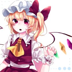 Rule 34 | 1girl, ascot, blonde hair, bow, breasts, buttons, collared shirt, cowboy shot, crystal, fang, flandre scarlet, frilled shirt collar, frills, hair between eyes, hair bow, hat, kuromame1025, large bow, looking at viewer, medium hair, mob cap, multicolored wings, one side up, open mouth, puffy short sleeves, puffy sleeves, red bow, red eyes, red skirt, red vest, shirt, short sleeves, simple background, skirt, skirt set, small breasts, solo, touhou, vest, white background, white hat, white shirt, wings, wrist cuffs, yellow ascot