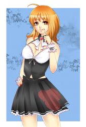 Rule 34 | 1girl, :q, ahoge, breasts, brown hair, cleavage, cowboy shot, finger to face, hand on own hip, highres, licking lips, lips, long hair, looking at viewer, medium breasts, midriff, miura hajime, nail polish, orange hair, original, outside border, pleated skirt, skirt, smile, solo, standing, tongue, tongue out