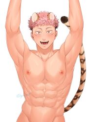 Rule 34 | 1boy, abs, animal ears, arms up, bara, blush, ccccc (jpn m0), completely nude, facial mark, highres, itadori yuuji, jujutsu kaisen, large pectorals, male focus, muscular, muscular male, navel, nipples, nude, open mouth, pectorals, pink hair, short hair, simple background, smile, solo, tail, tiger boy, tiger ears, tiger tail, twitter username, upper body, white background