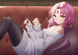 Rule 34 | 1girl, absurdres, applying manicure, blush, breasts, cleavage, couch, forehead jewel, fu xuan (honkai: star rail), hair ornament, highres, holding, honkai: star rail, honkai (series), knees up, long hair, looking at viewer, low twintails, mikqze, nail polish, off-shoulder sweater, off shoulder, painting nails, pantyhose, parted bangs, pink hair, sitting, solo, sweater, twintails, yellow eyes