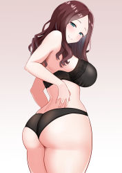 Rule 34 | 1girl, ass, bare shoulders, black panties, blue eyes, blush, bra, breasts, brown hair, come hither, fate/grand order, fate (series), from behind, highres, huge ass, large breasts, leonardo da vinci (fate), long hair, looking at viewer, naughty face, panties, pink background, shiny clothes, shiny skin, sideboob, smile, solo, thick thighs, thighs, underwear, wavy hair, yuzu kiro