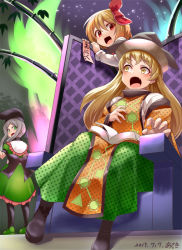 Rule 34 | 3girls, :o, araki (qbthgry), artist name, bamboo, black footwear, black pantyhose, blonde hair, book, book on lap, boots, chair, commentary request, dated, detached sleeves, dress, fang, folding screen, green dress, green eyes, green footwear, green skirt, grey hair, hair between eyes, hair ribbon, hand on own chest, hat, long hair, long sleeves, looking at another, looking back, matara okina, multiple girls, night, open book, open mouth, outdoors, pantyhose, red eyes, ribbon, rumia, shirt, short hair, sidelocks, sideways glance, sitting, skirt, sky, star (sky), starry sky, surprised, tabard, tanabata, tanzaku, tate eboshi, teireida mai, touhou, very long hair, white shirt, yellow eyes