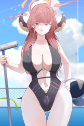 Rule 34 | 1girl, absurdres, aru (blue archive), bare arms, bare shoulders, black one-piece swimsuit, blue archive, blue sky, breasts, broom, brown hair, bucket, casual one-piece swimsuit, center opening, cleavage, closed mouth, cloud, collarbone, cowboy shot, day, gluteal fold, halo, hand on own hip, highleg, highleg swimsuit, highres, holding, holding broom, hose, large breasts, long hair, looking at viewer, mole, mole on breast, navel, one-piece swimsuit, outdoors, pink hair, pool, redrawn, revision, ryeon (bluetom1), sky, smile, smug, solo, swimsuit, thigh gap, very long hair, wide hips