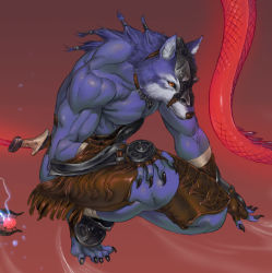 Rule 34 | 1boy, animal ears, armor, artist request, blue skin, claws, colored skin, fantasy, furry, furry male, leather armor, male focus, muscular, on one knee, snake, sword, tribal, weapon, werewolf, wolf, wolf ears