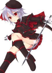Rule 34 | 1girl, akisome hatsuka, alternate costume, bat wings, black panties, black shirt, black skirt, capelet, commentary request, dagger, dual wielding, from below, full body, gloves, hair between eyes, hat, highres, holding, knife, light purple hair, looking at viewer, low wings, miniskirt, mob cap, open mouth, panties, pointy ears, rapier, red eyes, remilia scarlet, shirt, short hair, skirt, solo, sword, thighs, touhou, underwear, upskirt, vampire, weapon, white gloves, wings
