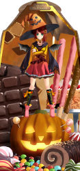 Rule 34 | 00s, 1girl, 2009, bat wings, cake, candy, chocolate, chocolate bar, choker, cookie, crossed arms, food, food-themed clothes, food-themed hair ornament, fruit, green eyes, hair ornament, hairclip, halloween, hat, highres, jack-o&#039;-lantern, kouji (astral reverie), lollipop, original, pocky, pouring, pumpkin, pumpkin hair ornament, pumpkin hat, red hair, solo, strawberry, swirl lollipop, swiss roll, torn clothes, wings, witch hat