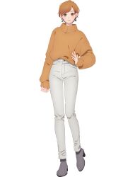Rule 34 | 1girl, blush, closed mouth, fujishiro rin, orange eyes, orange hair, orange sweater, pants, shoes, smile, solo, sweater, transparent background, white pants, yubisaki to renren
