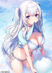Rule 34 | 1girl, ball, bikini, blue bikini, blue choker, blue eyes, blue shirt, breasts, choker, cleavage, clothes in mouth, clothes lift, crop top, frilled bikini, frills, front-tie bikini top, front-tie top, hair ribbon, halterneck, holding, komeshiro kasu, large breasts, lifted by self, long hair, looking at viewer, melonbooks, mouth hold, original, petals, petals on liquid, ribbon, shirt, shirt in mouth, shirt lift, short sleeves, side-tie bikini bottom, solo, standing, stomach, swimsuit, thighs, two side up, very long hair, wading, water, white hair