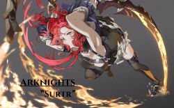 Rule 34 | absurdres, arknights, bare shoulders, character name, copyright name, demon girl, demon horns, dress, fire, highres, holding, holding weapon, horns, kneehighs, long hair, looking ahead, purple eyes, socks, solo, surtr (arknights), sword, thighhighs, weapon, zinz