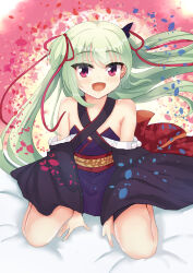 Rule 34 | 1girl, :d, back bow, bare shoulders, bed sheet, between legs, black kimono, blush, bow, breasts, butterfly hair ornament, commentary, criss-cross halter, eyes visible through hair, falling petals, floating hair, green hair, hair between eyes, hair ornament, hair ribbon, halterneck, hand between legs, happy, highres, japanese clothes, kimono, long hair, long ribbon, long sleeves, looking at viewer, murasame (senren), nowa2109, open mouth, petals, pom pom (clothes), red bow, red eyes, red ribbon, red sash, ribbon, sash, senren banka, short kimono, sidelocks, simple background, sitting, small breasts, smile, solo, tsurime, two side up, very long hair, wariza, wide sleeves