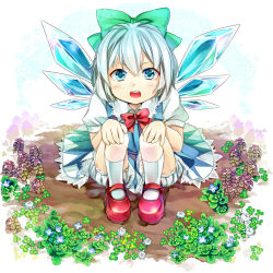 Rule 34 | 1girl, bad id, bad pixiv id, bloomers, blue dress, blue eyes, blue hair, bow, cirno, dress, flower, full body, hair bow, hands on own knees, ice, ice wings, mary janes, matching hair/eyes, open mouth, plant, ribbon, shoes, short hair, simple background, socks, solo, squatting, touhou, underwear, white socks, wings, zanunoneko